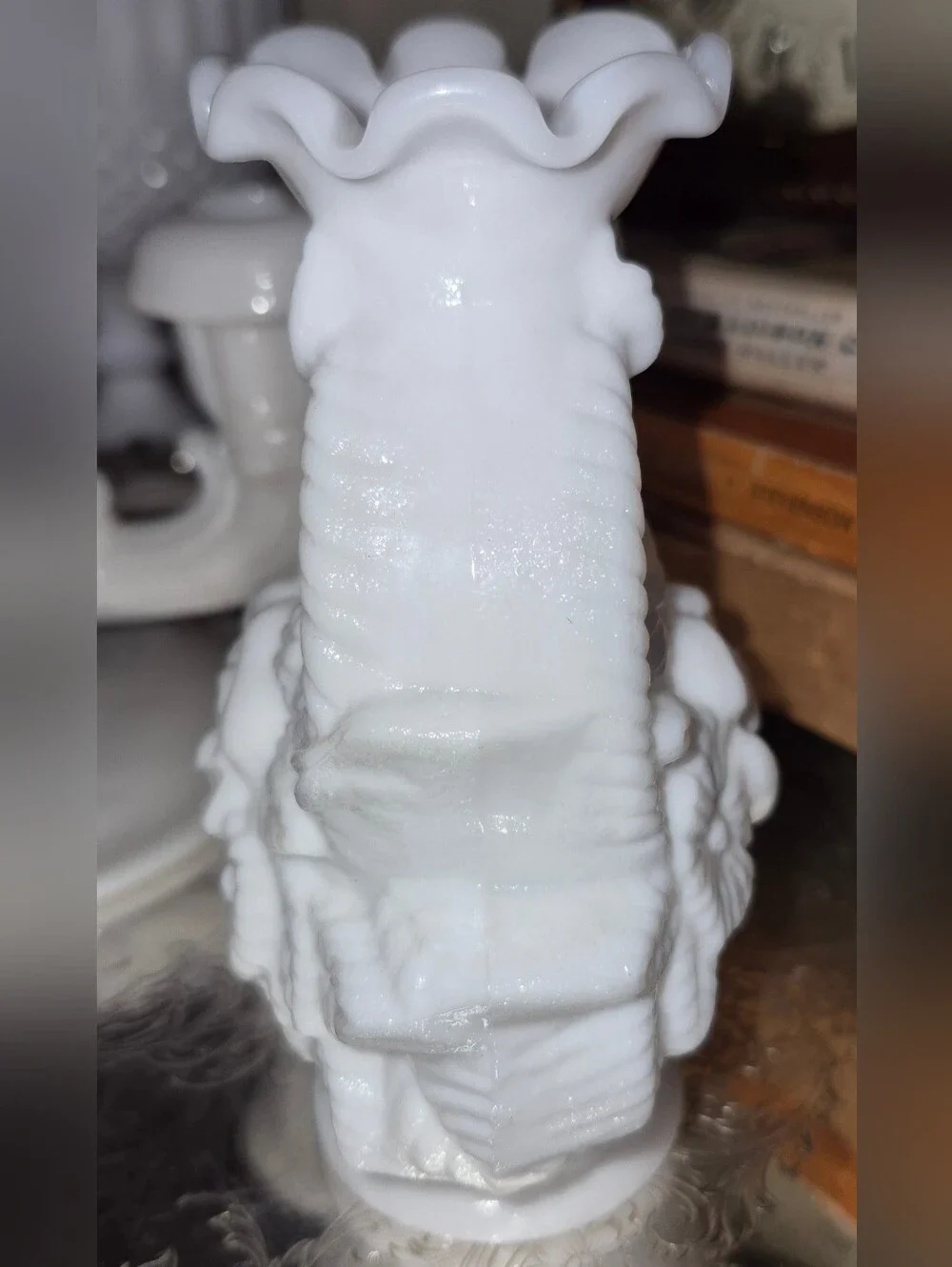 Antique Imperial Milk Glass Puffy Vase Roses Basket Bow Victorian Opalescent